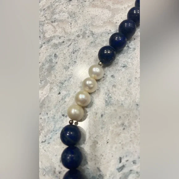 lapis lazuli beaded necklace with pearls And silver clasp, 20 Inches - Picture 4 of 8